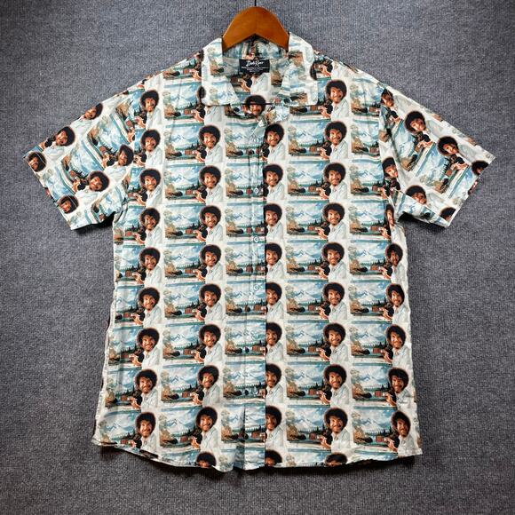 Bob Ross Button Up Shirt Men's Large White Geometric AOP SS Casual Fun Party - Picture 1 of 10